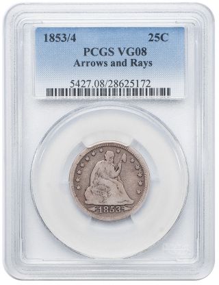 1853/4 Liberty Seated Quarter 25c,  Arrows And Rays - Pcgs Vg08 photo