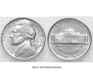 1952 - P 5c Jefferson Nickel Us Coin photo