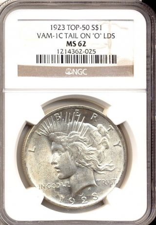 1923 Vam - 1c Tail On O Pcgs Ms62 Top - 50 Peace Dollar Very Late Die State photo