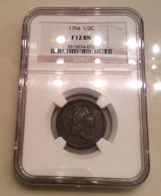 1794 Flowing Hair Half Cent Ngc F12 Bn Very Cool Early Copper Coin photo