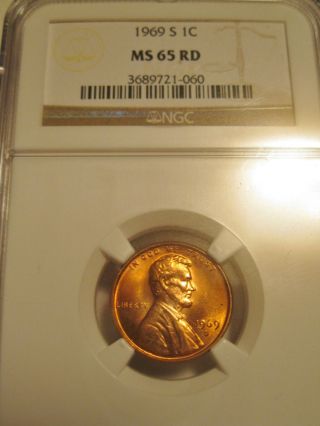 1969 S Lincoln Cent,  Uncirculated,  Ngc Ms65 Red,  Blazing Luster photo