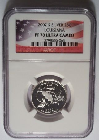 2002 - S Silver Louisiana La State Quarter Proof 70 Ngc Pf70 Ultra Cameo Flag photo