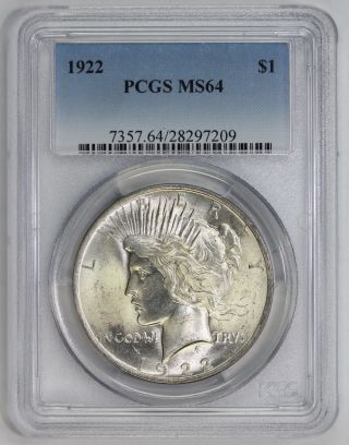 1922 Peace Silver Dollar Ms 64 Pcgs (7209) photo