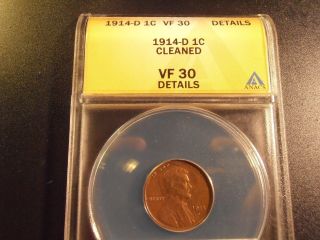 1914 D Lincoln Cent - Anacs Vf30 Details,  Coin photo