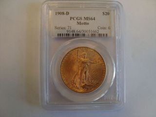 1908 - D Motto $20 Gold St.  Gaudens - Pcgs Ms64 photo