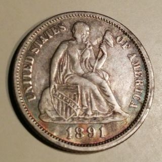 1891 - O Seated Liberty Dime Last Date In Series Ef+ photo