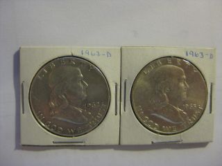 Two Franklin Silver Half Dollars 1962 D 1963d (double Ds) photo