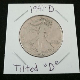 1941 Tilted D Mark Walking Liberty 90% (. 900) Fine Silver Half Dollar photo