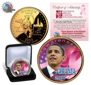 Barack Obama Licensed Pink Cancer Awareness Gold Illinois State Quarter + Box photo