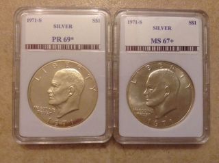1971 S Silver Ike Dollars Two (2) Proof And Ms + Very High Grades photo