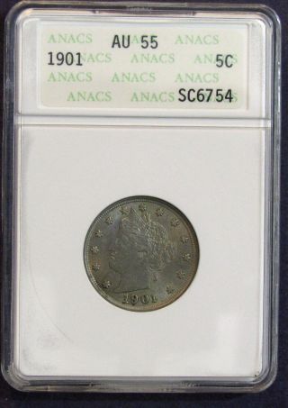 1901 Anacs Au55 Liberty V Nickel - No Toning photo