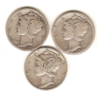(3) 1924 - 34 - 44 Silver Mercury Dimes, photo