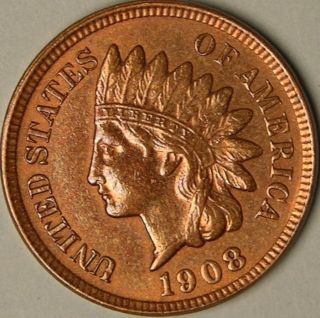 1908 Indian Head Penny,  Gem Bu Choice Uncirculated Red,  Aa 788 photo