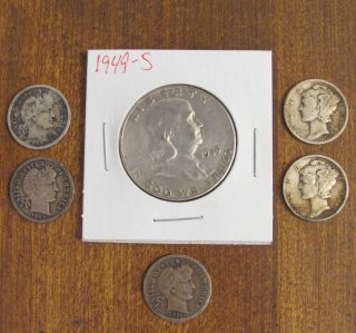 1949 - S Franklin Half Dollar Silver & 5 Silver Dimes With 1911 - D photo