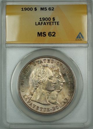1900 Lafayette Commemorative Silver Dollar $1 Coin Anacs Ms - 62 Lightly Toned photo