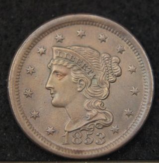 1853 Braided Hair Large Cent Choice Bu (b9720) photo
