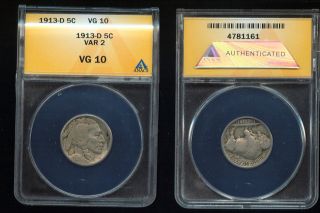 1913 - D Variety 2 Anacs Buffalo Nickel Vg 10 Details (472) photo