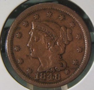 1848 Braided Hair Large Cent Vf Full Liberty 13 Stars photo