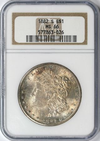 1882 - S Morgan Silver Dollar $1 Ngc Ms66 Lustrous Coin Light Gold Toning photo