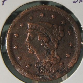 1856 Slanted 5 Braided Hair Large Cent Vf - Dirty 13 Stars photo