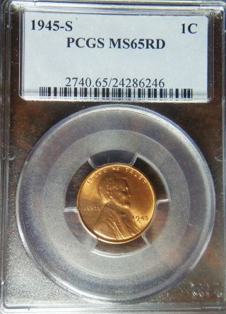 1945 - S Lincoln Cent Wheat Cent Pcgs Ms - 65 Rd 1c Red Wheat Penny photo
