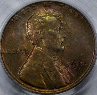 1928 - D Lincoln Cent Pcgs Ms - 63rb. . .  Pretty Rainbow Toning,  Pq Coin photo