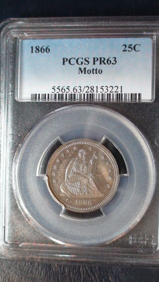 1866 Motto Proof Liberty Seated Silver Quarter Pcgs Pr63 25c Coin Pf63 photo