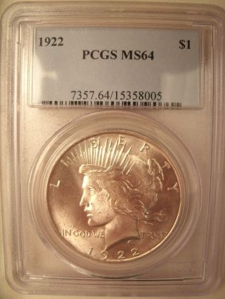 1922 Pcgs Ms 64 Peace Dollar Silver $1 Coin photo