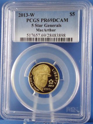 2013 - W 5 Star Generals Macarthur $5 Gold Proof Coin – 1/4 Troy Oz.  Pcgs Pr69dcam photo