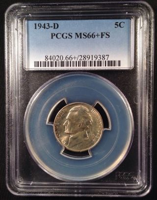 1943 - D Jefferson Nickel Five Cent Pcgs Ms66+fs   28919387 photo