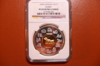 Canada Chinese 1999 Lunar Series Rabbit $15 Proof Silver Coin Gold Plated Cameo photo