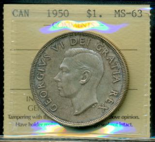 1950 Swl Canada Silver Dollar,  Iccs Certified Ms - 63 Short Water Lines photo