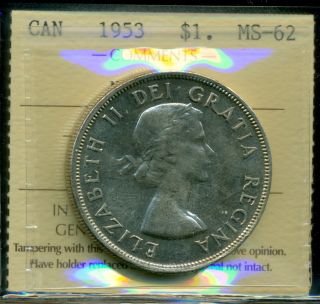 1953 Canada Silver Dollar,  Iccs Certified Ms - 62 Nsf;swl photo