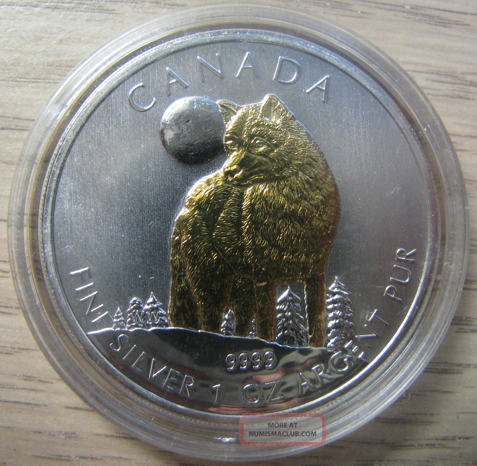 2011 Bullion $5 1oz Wolf.  9999 Silver Maple Leaf W/ Gold Plate Canada Coins: Canada photo