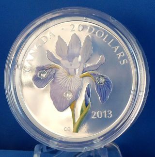 2013 Blue Flag Iris $20 Fine Silver Proof Coin Full Color + 3 Swarovski Crystals photo