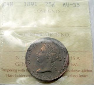 1891 Twenty - Five Cents Iccs Au - 55 Truly Gorgeous Rare Date Key Victoria Quarter photo