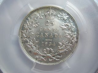 Canada 25 Cents 1934 Pcgs Au 58 Unc photo