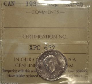Canada George Vi 1937 Silver Ten Cents - Iccs Ms - 65 photo