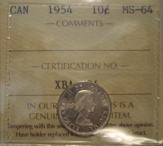 Canada Elizabeth Ii 1954 Silver Ten Cents - Iccs Ms - 64 (xba 534) photo