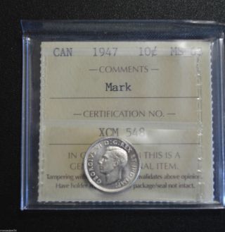 1947 Canadian Dime Ms 63 - Iccs Graded photo