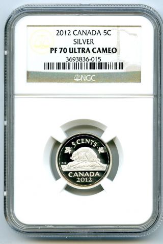 2012 Canada Silver Proof 5 Cent Ngc Pf70 Ucam.  999 Fine Canadian Nickel photo