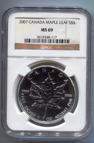 2007 1 Oz.  999 Silver Canadian Maple Leaf Bullion Coin Ms 69 Ngc photo