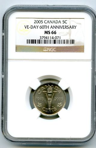 2005 Canada 5 Cent Ngc Ms66 Ve - Day 60th Anniversary Victory V Nickel Wwii photo
