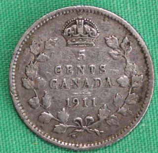 1911 Canadian Silver 5 Cents Coin Five Cent George V Canada Type Coin Five Cents photo