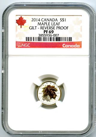 2014 $1 Canada Silver Maple Leaf Gilt Gold Ngc Pf69 Ucam Reverse Proof 1/20 Oz photo