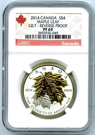 2014 $4 Canada Silver Maple Leaf Gilt Gold Ngc Pf69 Ucam Reverse Proof 1/2 Oz photo