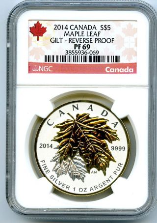 2014 $5 Canada Silver Maple Leaf Gilt Gold Ngc Pf69 Ucam Reverse Proof 1 Oz photo