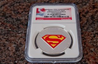 Ngc Registry Canada 2013 Superman S - Shield Colorized Pf70 75th Anniv Silver $20 photo