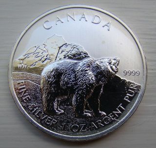 Silver Coin 1 Troy Oz 2011 Canada Canadian Wildlife Series Grizzly Bear.  9999 Bu photo
