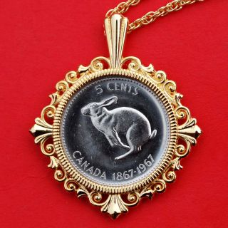 1967 Canada Centennial Rabbit 5 Cents Gem Bu Coin Gp Necklace - Wildlife Animal photo